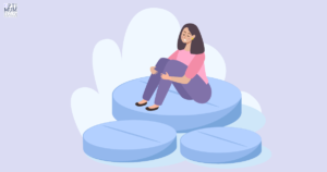 Illustration of a woman sitting on medication tablets for the Optimum Mental Health Services treatment-resistant depression blog in Renton, Washington